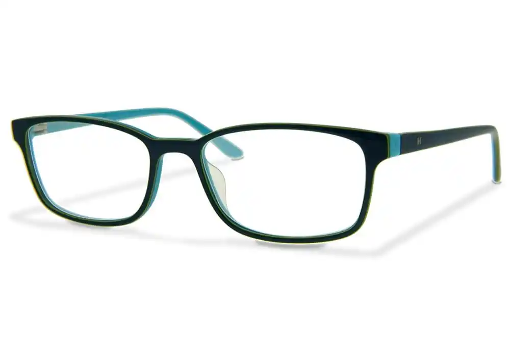 Brille mit schwarz-blauem Gestell in Frontansicht mit transparenten Gläsern vor hellem Hintergrund dargestellt.