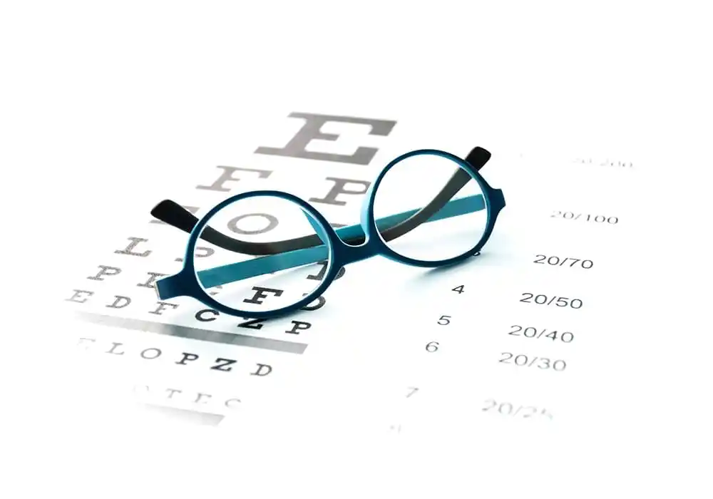 Brille liegt auf einem Sehtestbogen mit optischen Zeichen und Symbolen in einer Detailaufnahme