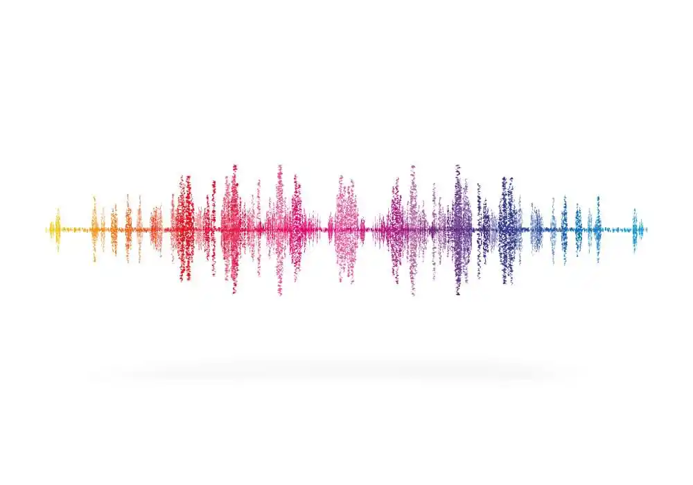 Bunte Sound-Grafik mit stilisierten Schallwellen und farbigen Wellenformen